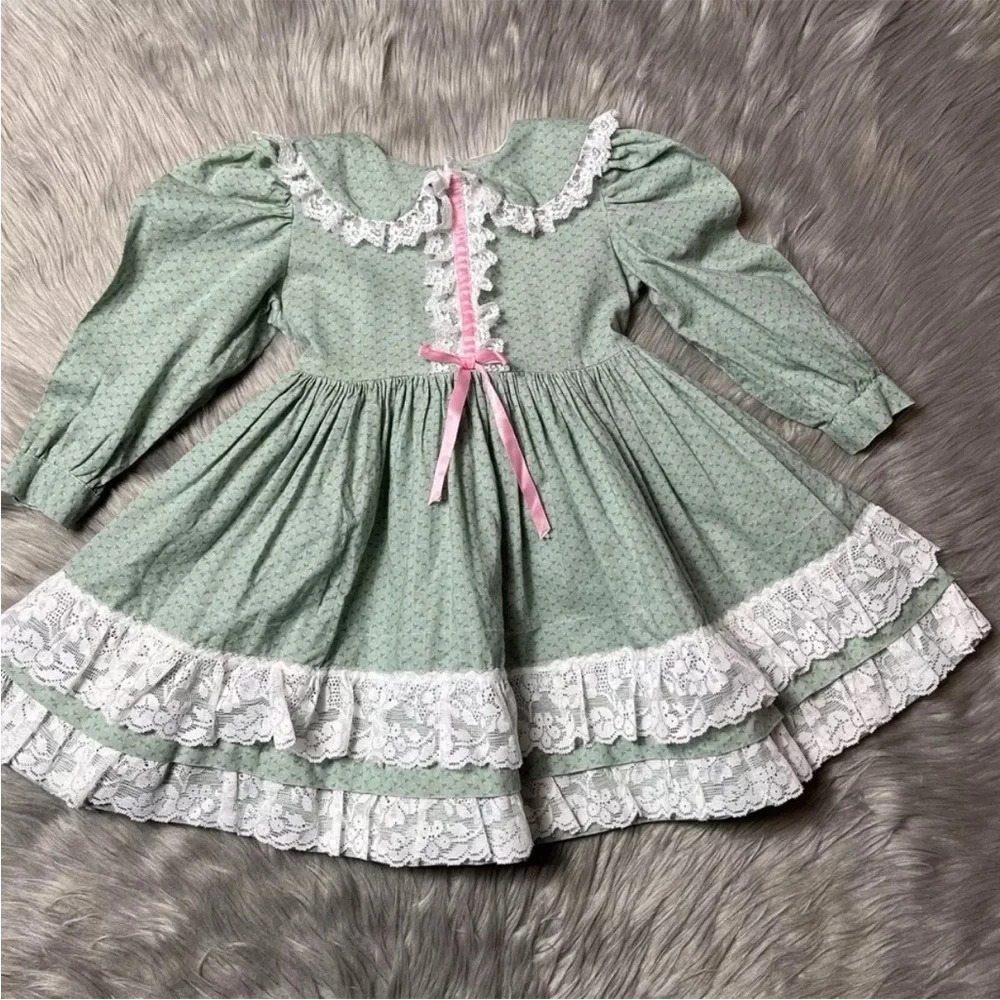 Vintage Handmade Green Pink Floral Lace Ruffle Girls Dress Easter